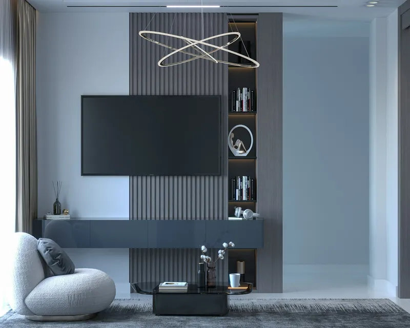 Living com painel ripado para TV